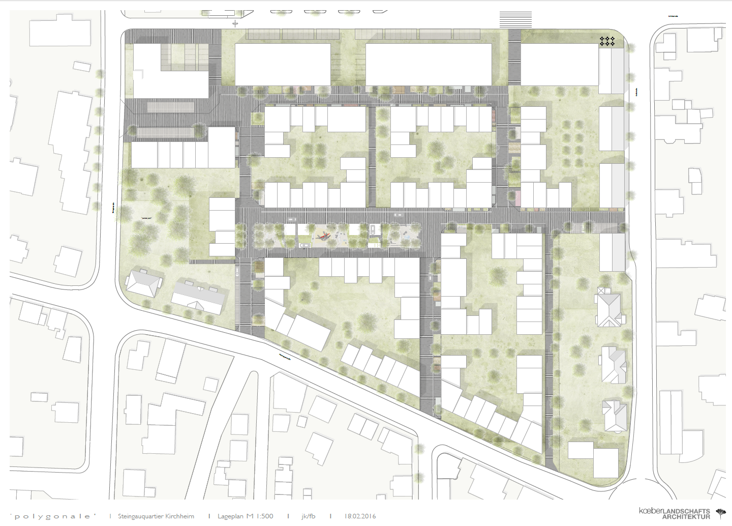 Die Abbildung zeigt einen Plan mit Straßen, Flächen und Gebäuden für das Steingauquartier in Kirchheim unter Teck.