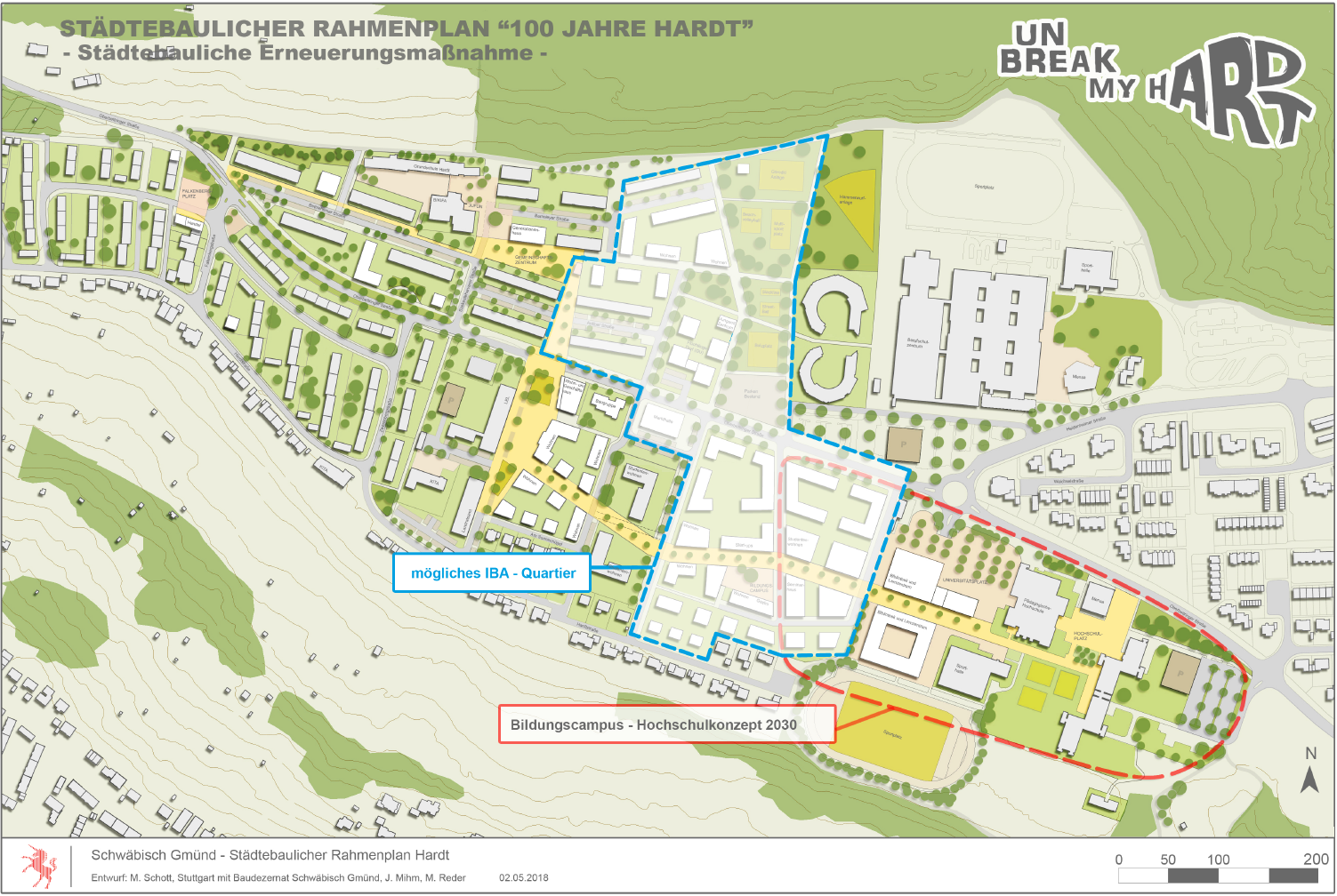 Die Abbildung zeigt einen Plan auf dem der Stadtteil Hardt der Stadt Schwäbisch Gmünd und die baulichen Veränderungen zu sehen sind, die dort geplant sind.
