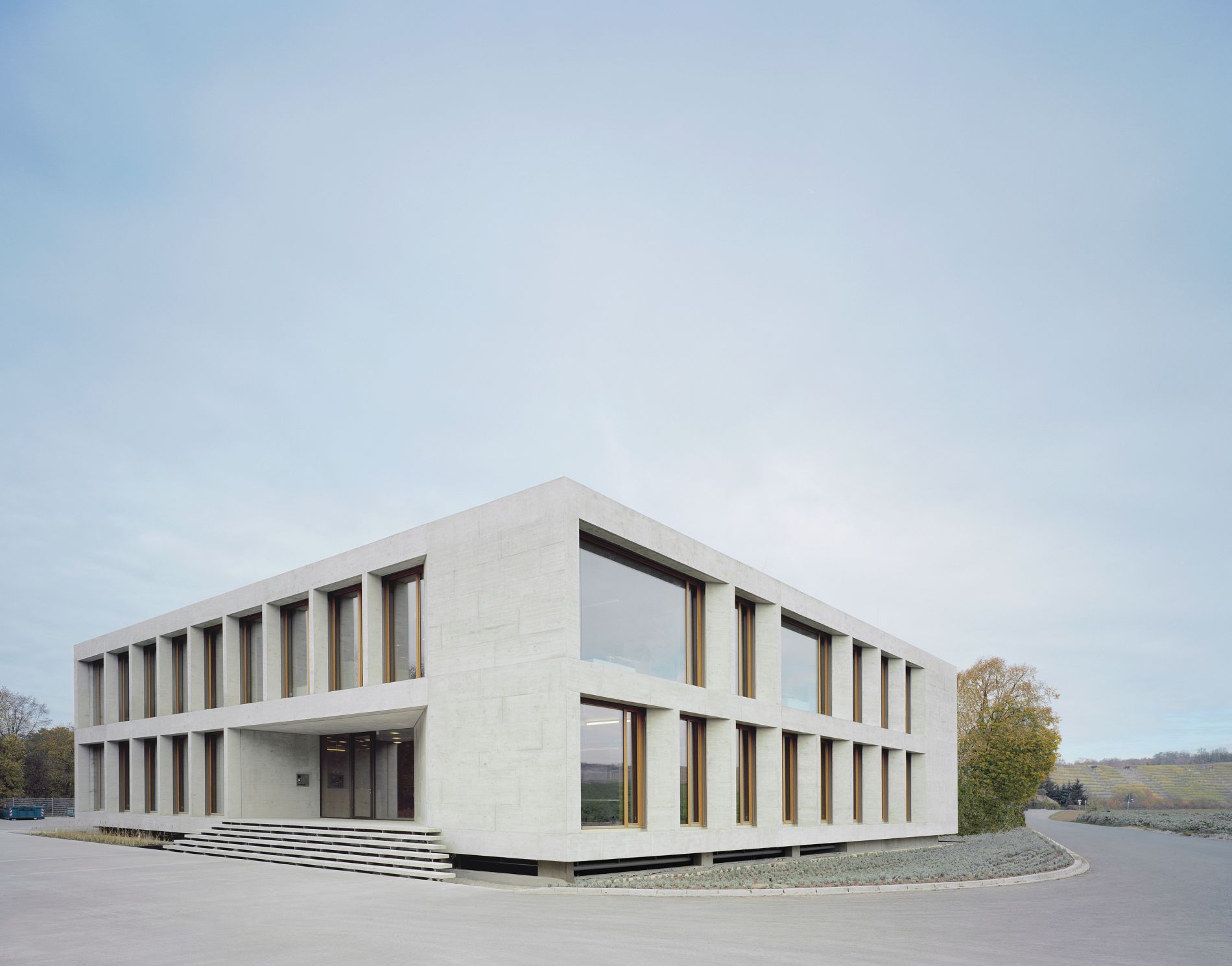 Das Bild zeigt das Verwaltungs- und Sozialgebäude der Karl Köhler GmbH in Besigheim: Man sieht ein zweigeschossiges Gebäude aus hellem Beton mit Flachdach und sehr großen, tief herabreichenden Fenstern. 