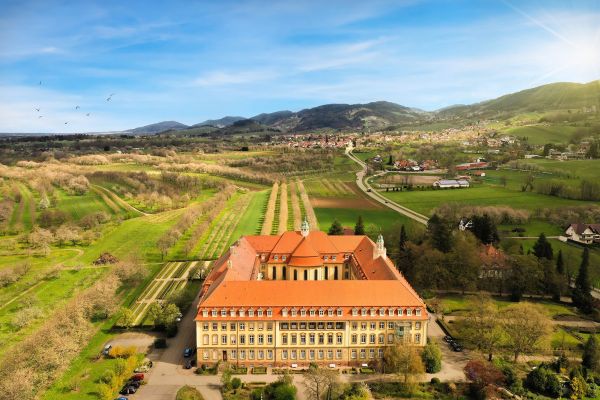 Das ehemalige Kloster Erlenbad, gelegen am Rande der Gemeinde Obersasbach mit einer Berglandschaft im Hintergrund, besteht aus drei Wohnflügeln, einer Klosterkirche und einem quadratischen Innenhof, im Vordergrund dargestellt. 